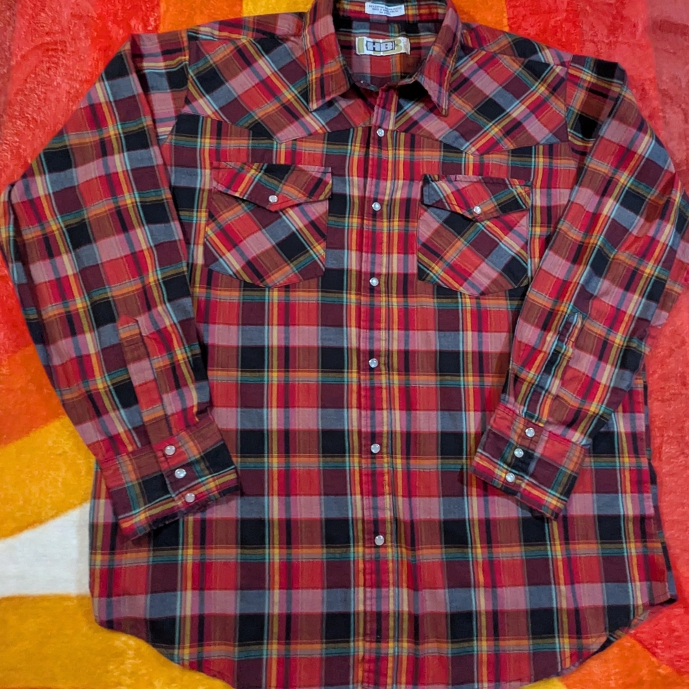 Vintage Red Black Yellow Plaid Pearl Snap Western Shirt, 90's Cowboy Rodeo XL